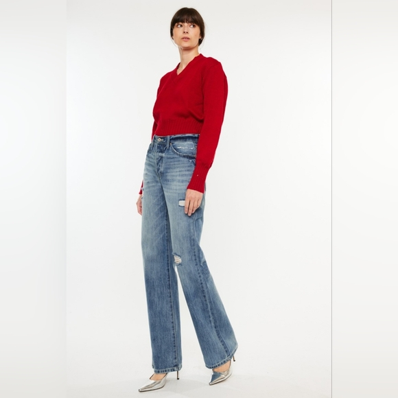 RISEN High-Rise Boyfriend Bootcut Jeans Relaxed Distressed Torn Hole Denim Pants - Picture 5 of 16